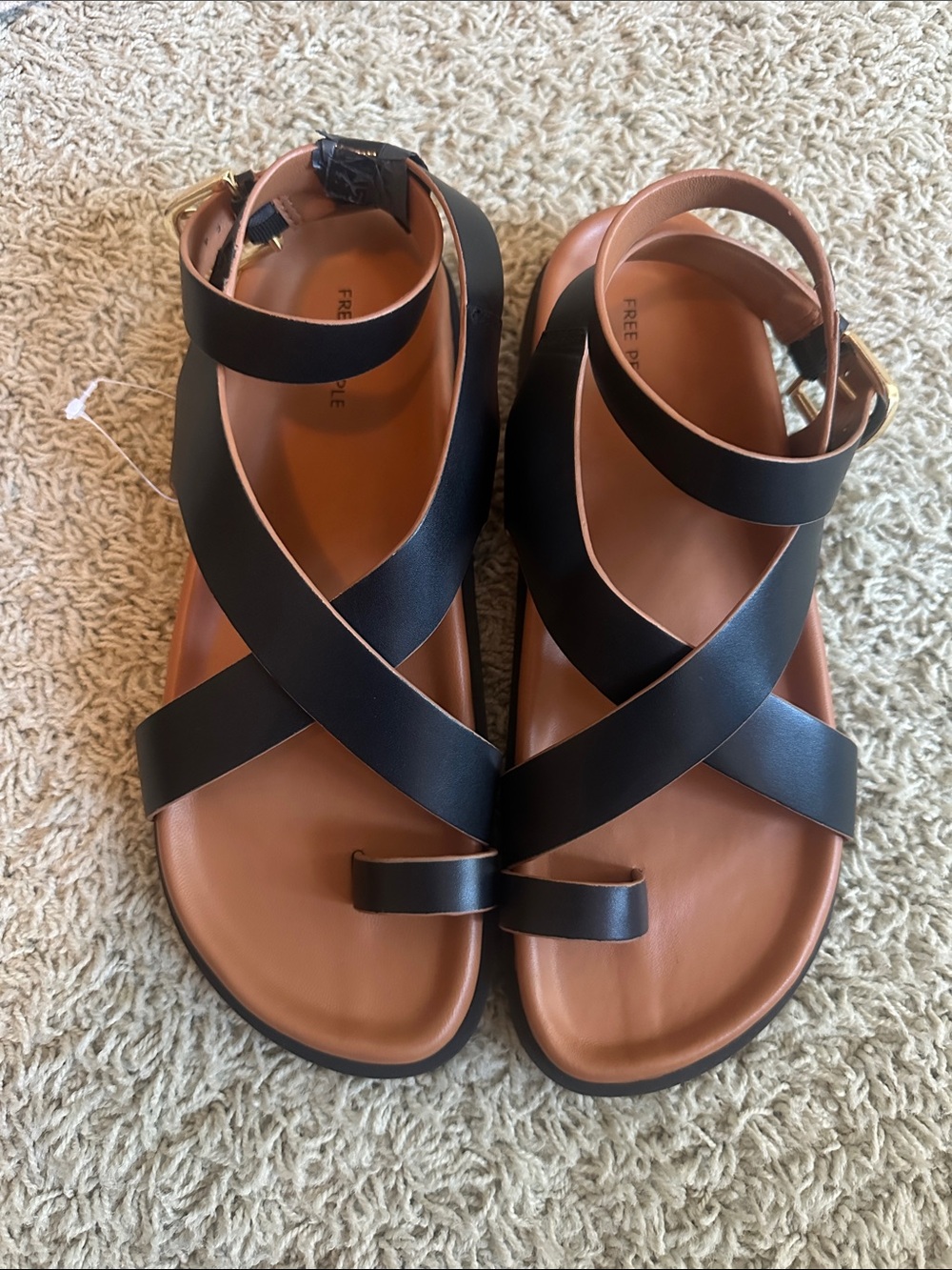 Free People Black Leather Crisscross Sandals with Tan Footbed Sz 9 New